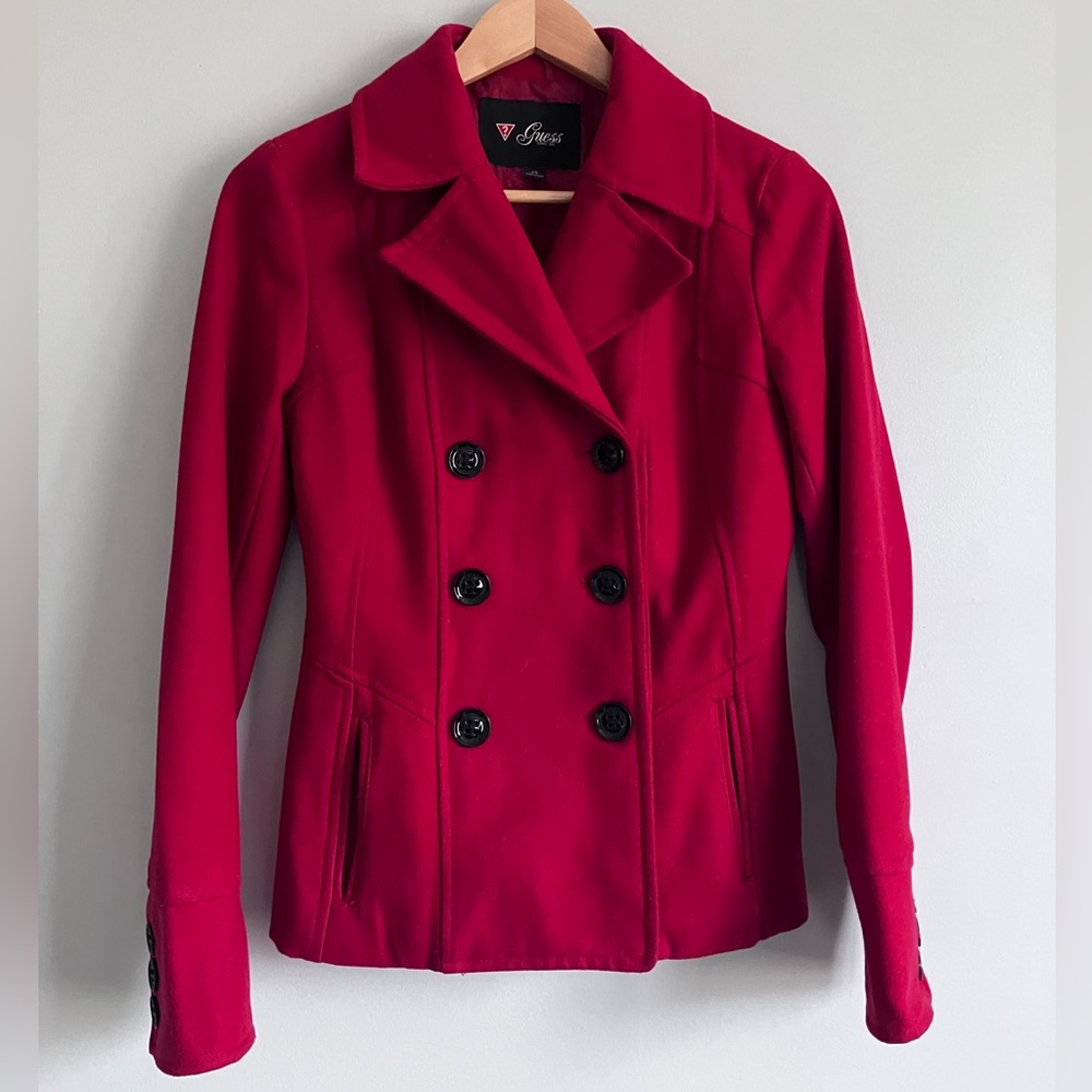 GUESS Vintage Red Wool Blend Peacoat Size XS